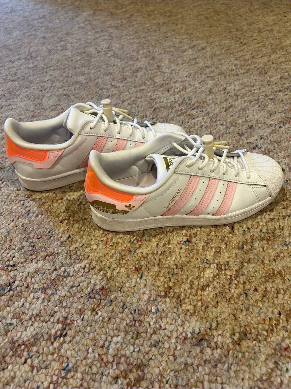 adidas Superstar Sneakers - White with Pink Stripes & Neon Orange Heel